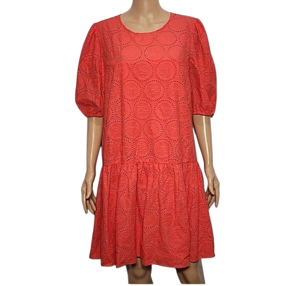 Karl lagerlf Women's Lace Eyelet Round Neck Short Sleeve Tiered Flare  Dress‎ 14 - Picture 1 of 12